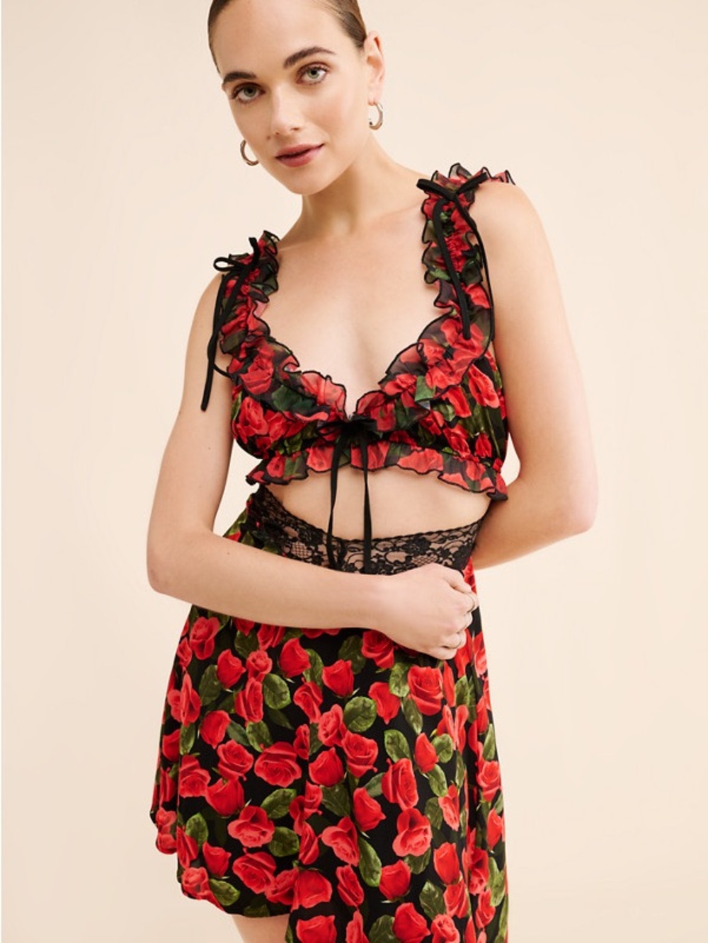 For Love and Lemons Floral Ruffle Tie-Front Mini Dress